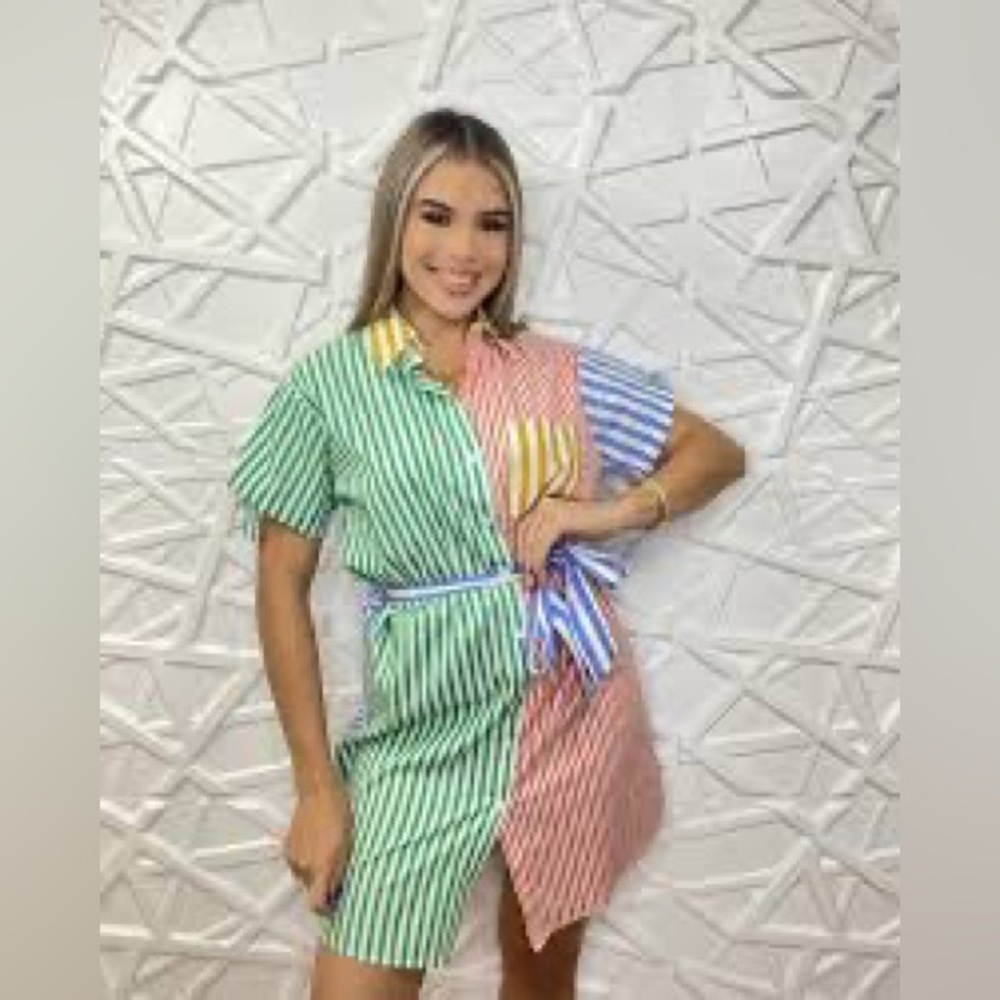 Pastels Green and White Asymmetrical Wrap Shirt Dress
